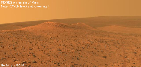View of rocky Mars terrain with red ridges in background