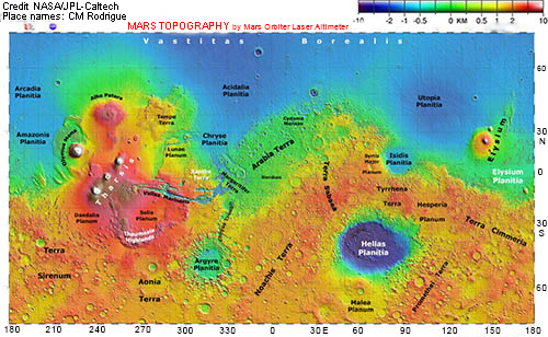 Map of Martian surface color coded to show altitudes above or below the zero